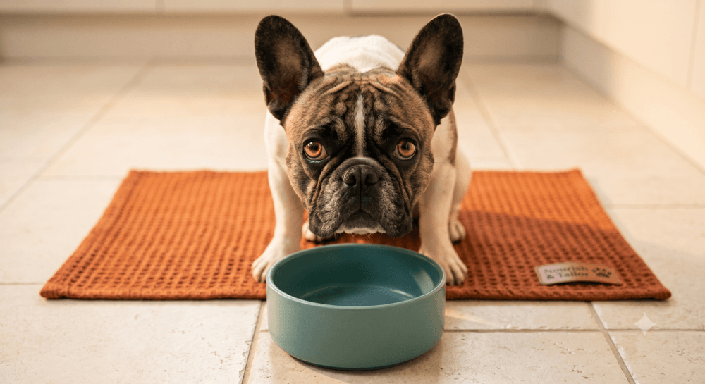 Dog laying by their bowl