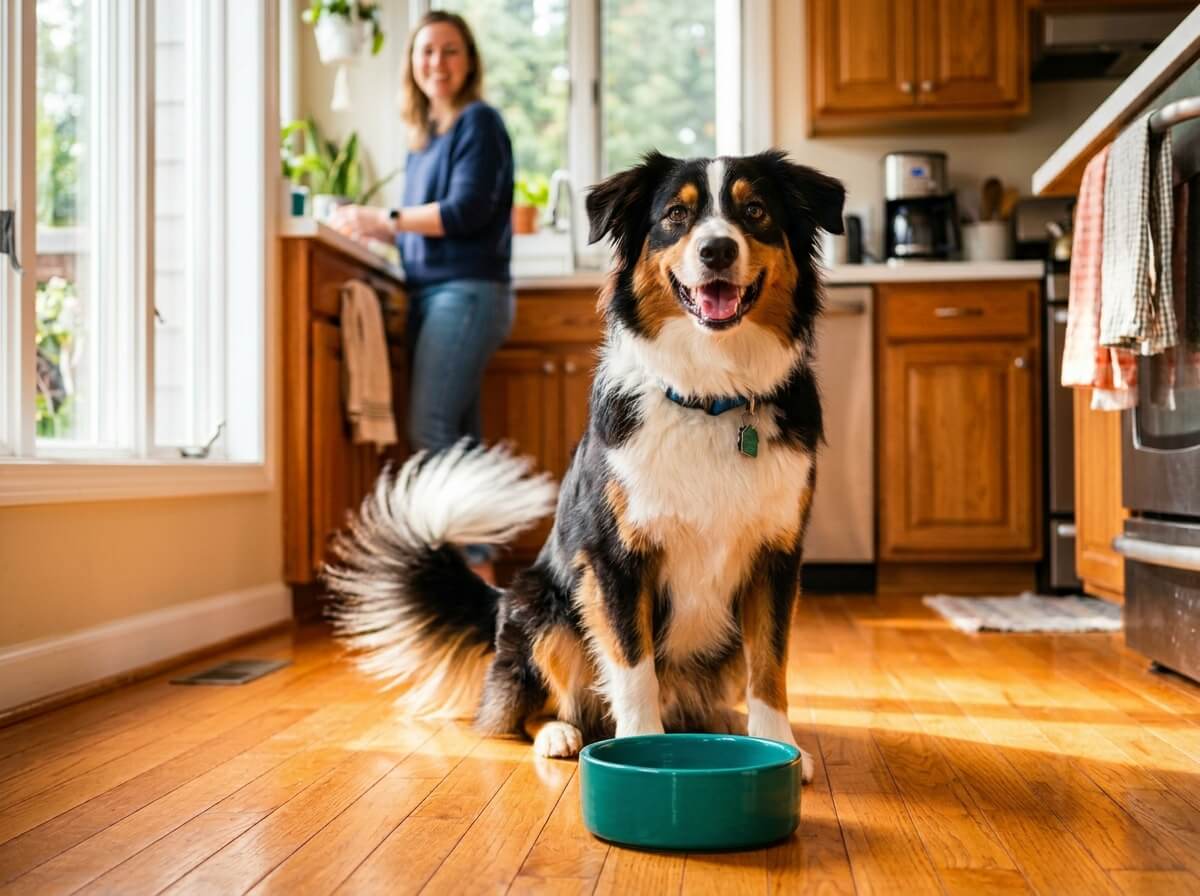 Dod sitting by his food bowl