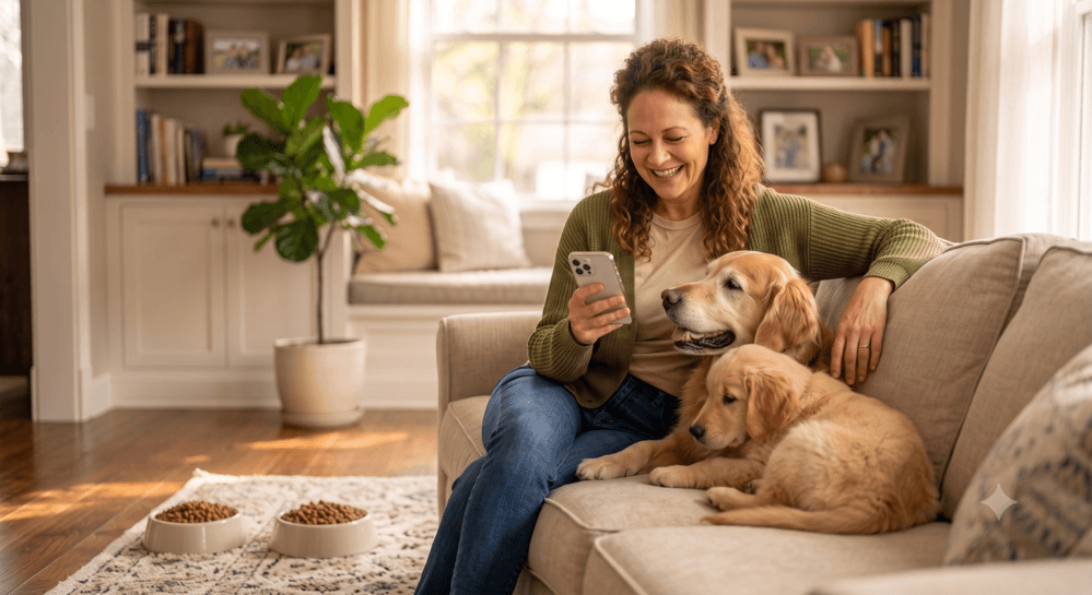 Woman and dog at home