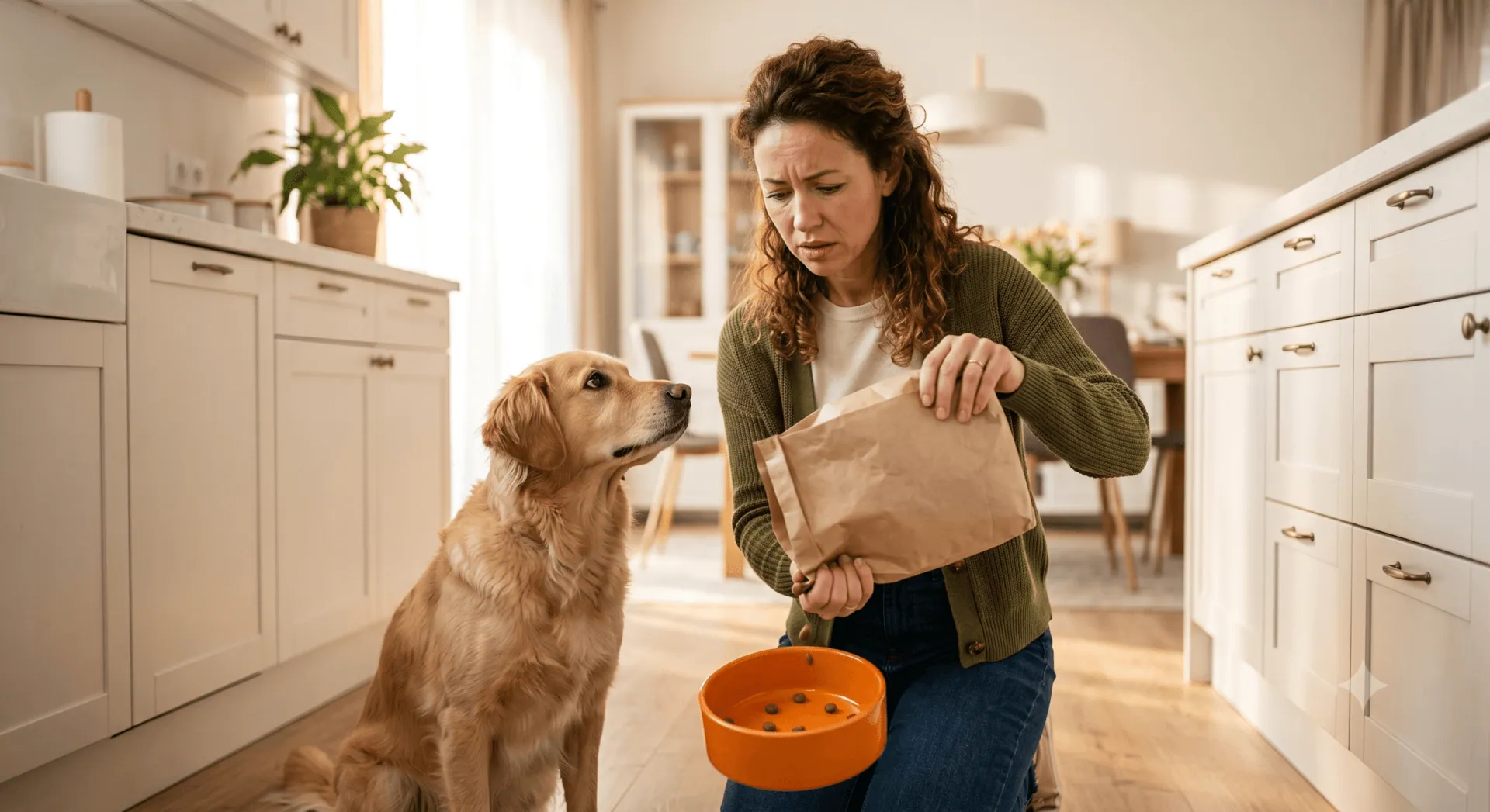 Woman running out of dog food