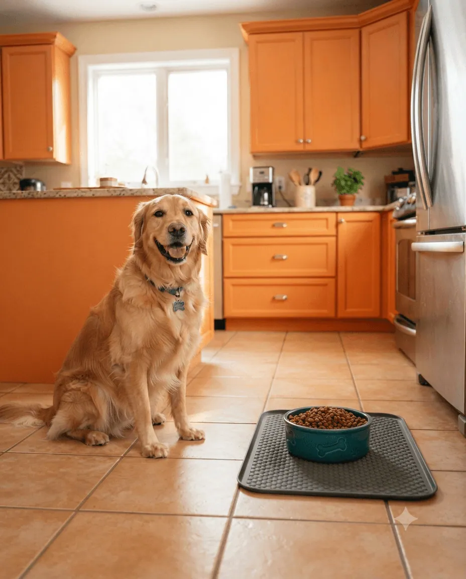 Dod sitting by his food bowl