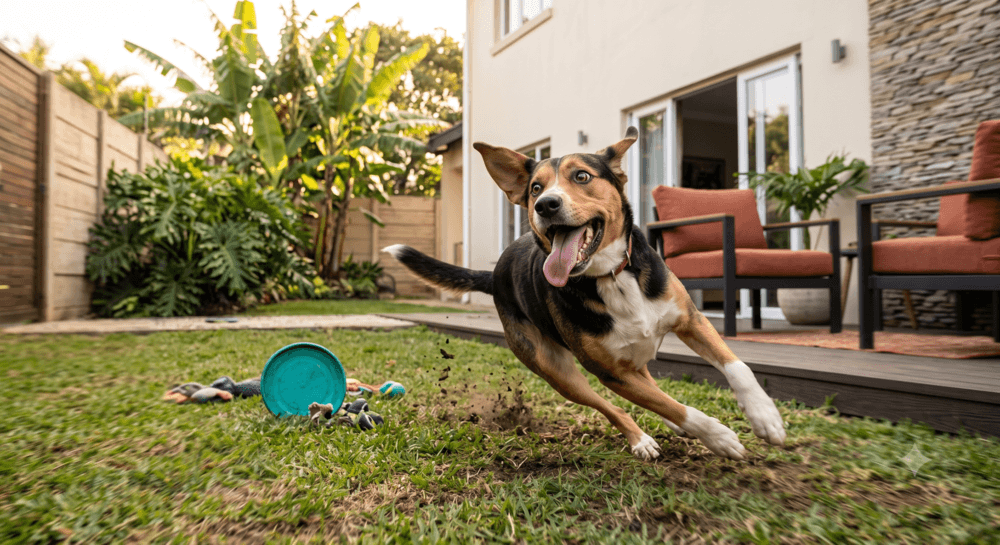 Dog running around the yard